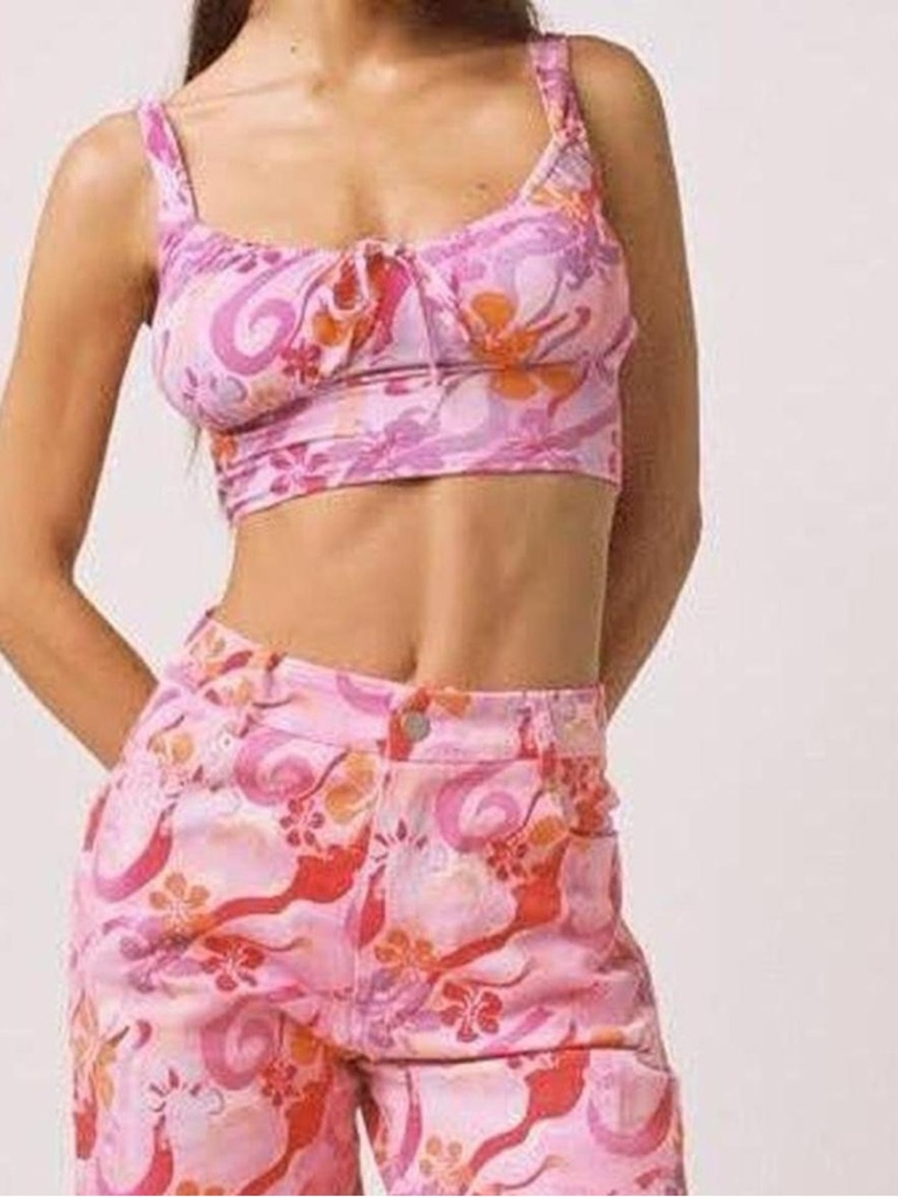 Tiger Mist Pink Floral Hibiscus Print Crop Tank Top